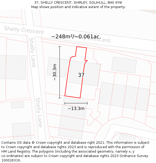 37, SHELLY CRESCENT, SHIRLEY, SOLIHULL, B90 4YW: Plot and title map