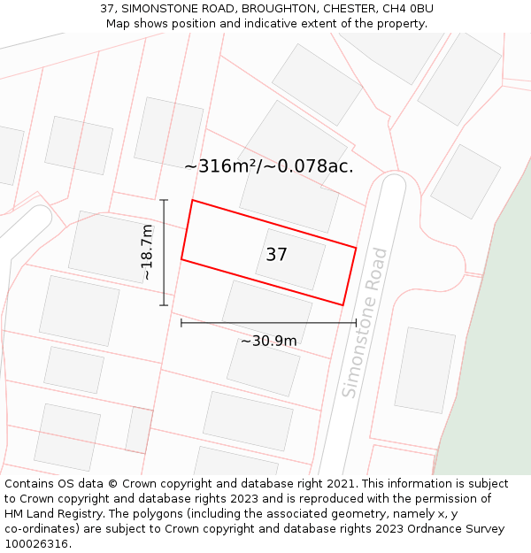 37, SIMONSTONE ROAD, BROUGHTON, CHESTER, CH4 0BU: Plot and title map