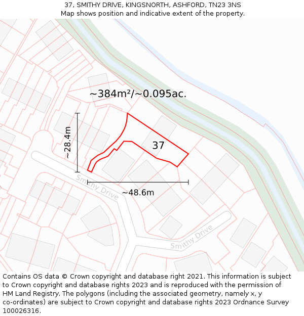 37, SMITHY DRIVE, KINGSNORTH, ASHFORD, TN23 3NS: Plot and title map