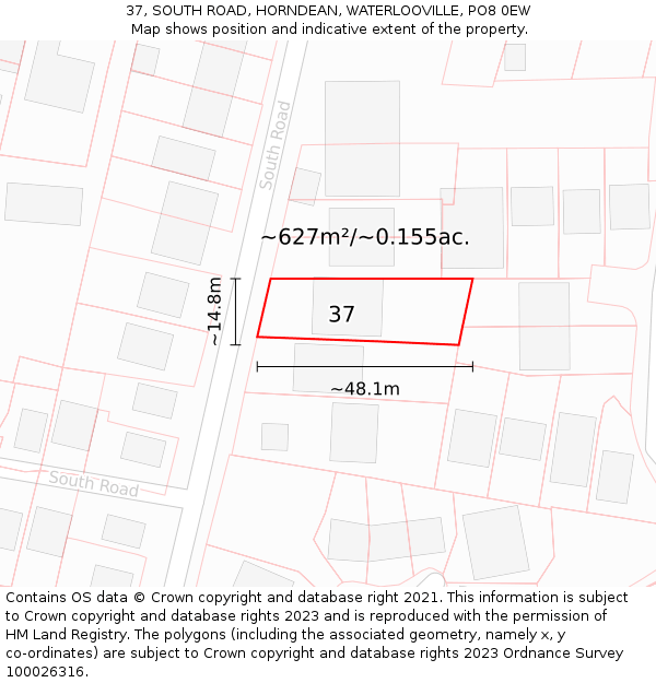 37, SOUTH ROAD, HORNDEAN, WATERLOOVILLE, PO8 0EW: Plot and title map