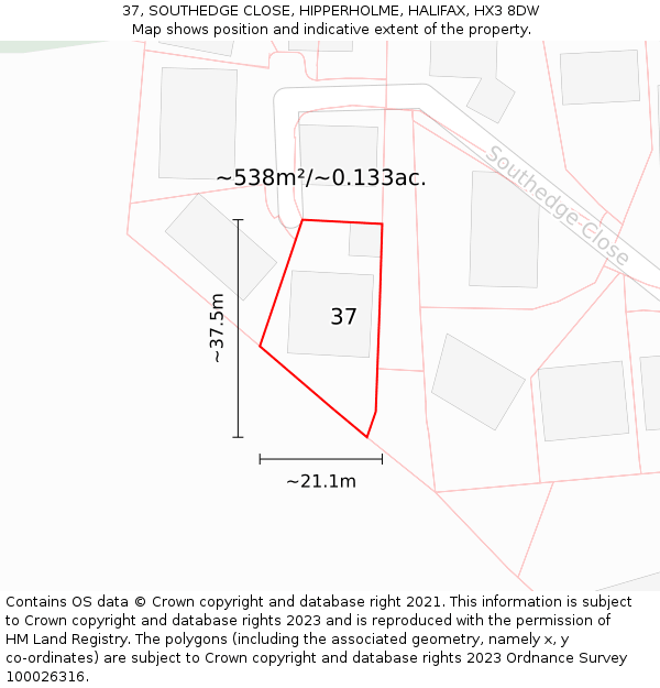 37, SOUTHEDGE CLOSE, HIPPERHOLME, HALIFAX, HX3 8DW: Plot and title map