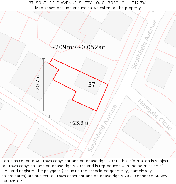 37, SOUTHFIELD AVENUE, SILEBY, LOUGHBOROUGH, LE12 7WL: Plot and title map