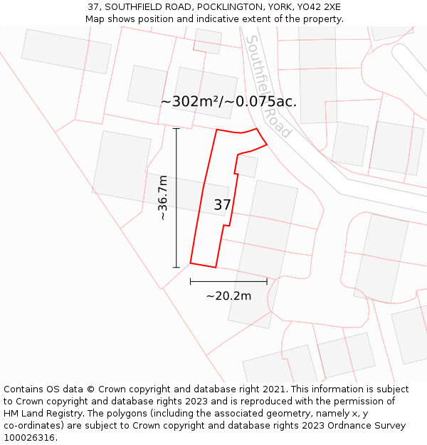 37, SOUTHFIELD ROAD, POCKLINGTON, YORK, YO42 2XE: Plot and title map