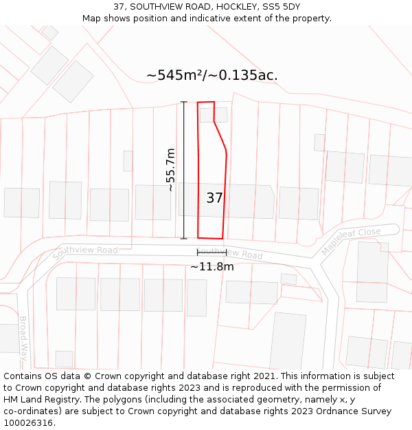 37, SOUTHVIEW ROAD, HOCKLEY, SS5 5DY: Plot and title map