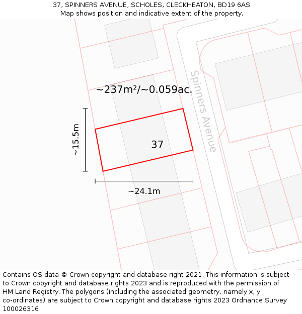 37, SPINNERS AVENUE, SCHOLES, CLECKHEATON, BD19 6AS: Plot and title map