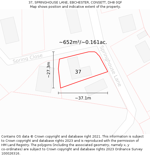 37, SPRINGHOUSE LANE, EBCHESTER, CONSETT, DH8 0QF: Plot and title map