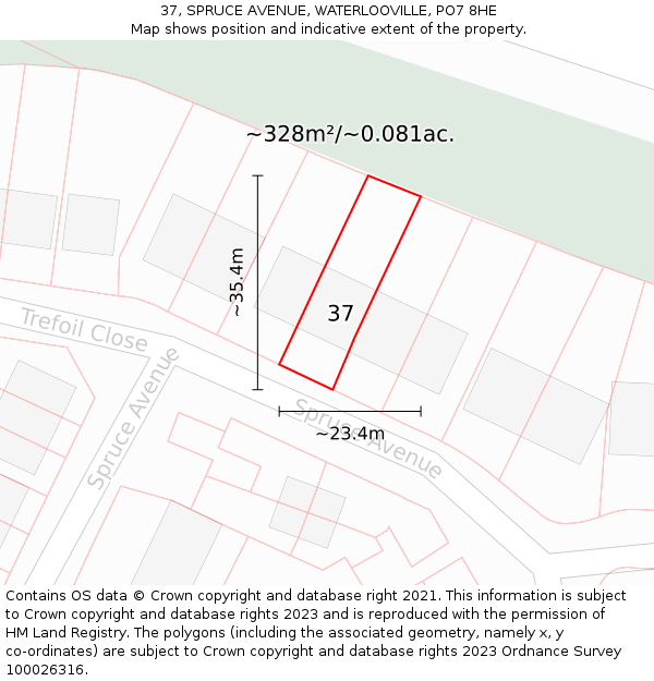 37, SPRUCE AVENUE, WATERLOOVILLE, PO7 8HE: Plot and title map