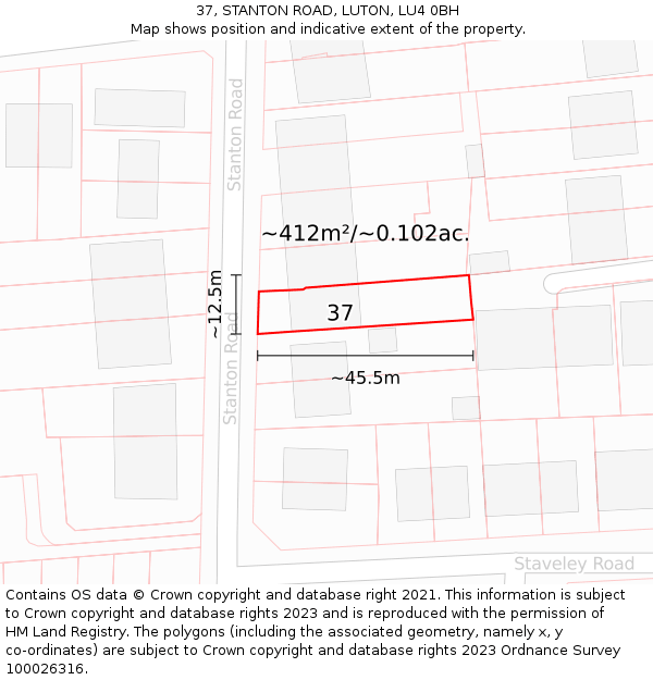 37, STANTON ROAD, LUTON, LU4 0BH: Plot and title map