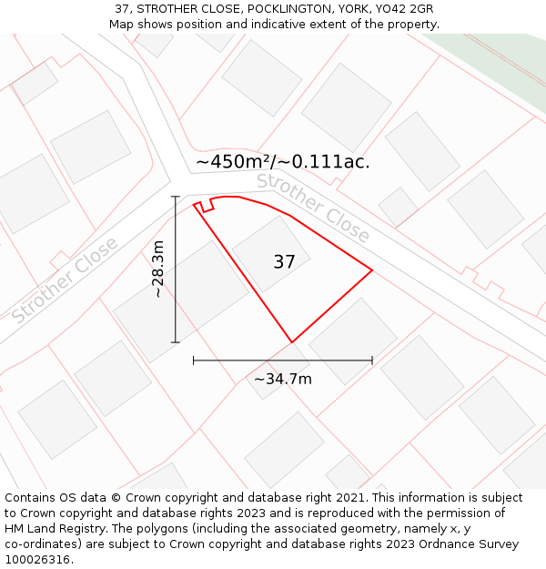 37, STROTHER CLOSE, POCKLINGTON, YORK, YO42 2GR: Plot and title map