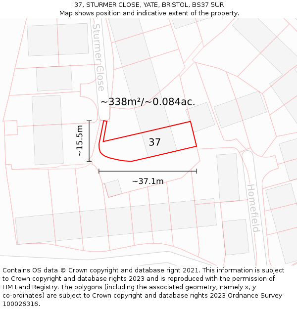 37, STURMER CLOSE, YATE, BRISTOL, BS37 5UR: Plot and title map