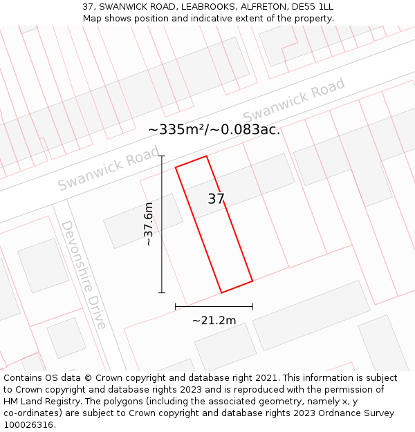 37, SWANWICK ROAD, LEABROOKS, ALFRETON, DE55 1LL: Plot and title map