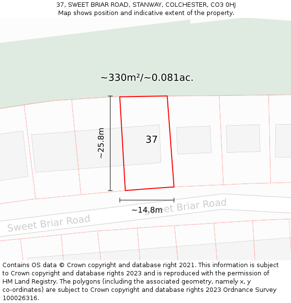 37, SWEET BRIAR ROAD, STANWAY, COLCHESTER, CO3 0HJ: Plot and title map