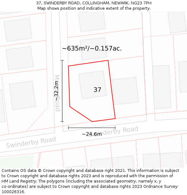 37, SWINDERBY ROAD, COLLINGHAM, NEWARK, NG23 7PH: Plot and title map