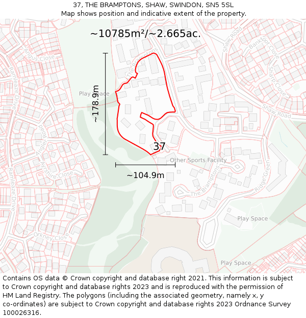 37, THE BRAMPTONS, SHAW, SWINDON, SN5 5SL: Plot and title map