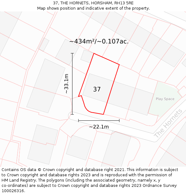 37, THE HORNETS, HORSHAM, RH13 5RE: Plot and title map