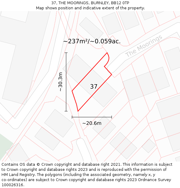 37, THE MOORINGS, BURNLEY, BB12 0TP: Plot and title map