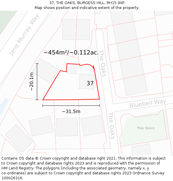 37, THE OAKS, BURGESS HILL, RH15 9XP: Plot and title map