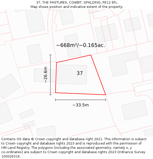 37, THE PASTURES, COWBIT, SPALDING, PE12 6FL: Plot and title map