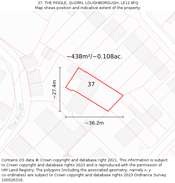 37, THE PINGLE, QUORN, LOUGHBOROUGH, LE12 8FQ: Plot and title map