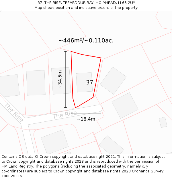 37, THE RISE, TREARDDUR BAY, HOLYHEAD, LL65 2UY: Plot and title map