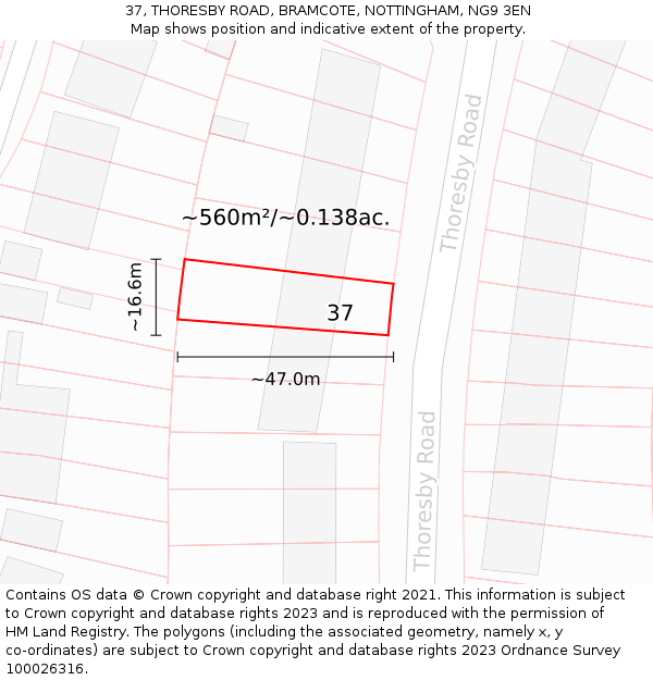 37, THORESBY ROAD, BRAMCOTE, NOTTINGHAM, NG9 3EN: Plot and title map