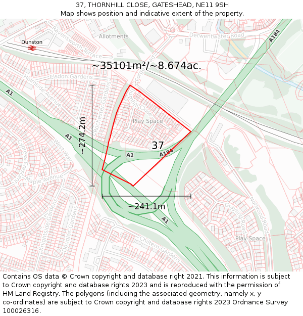 37, THORNHILL CLOSE, GATESHEAD, NE11 9SH: Plot and title map