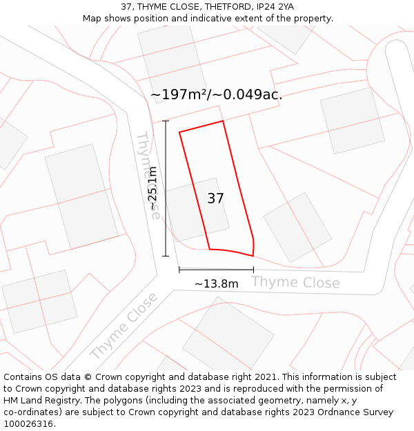 37, THYME CLOSE, THETFORD, IP24 2YA: Plot and title map