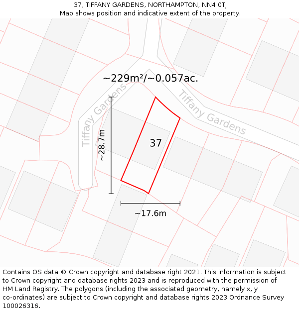 37, TIFFANY GARDENS, NORTHAMPTON, NN4 0TJ: Plot and title map