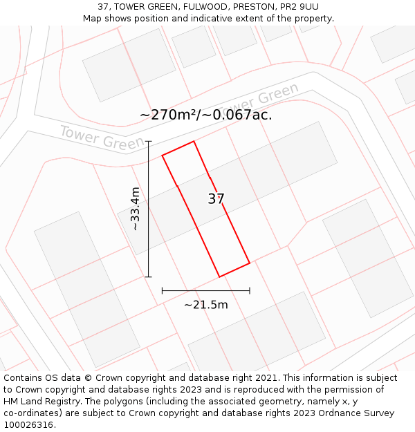 37, TOWER GREEN, FULWOOD, PRESTON, PR2 9UU: Plot and title map