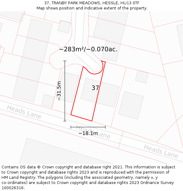 37, TRANBY PARK MEADOWS, HESSLE, HU13 0TF: Plot and title map