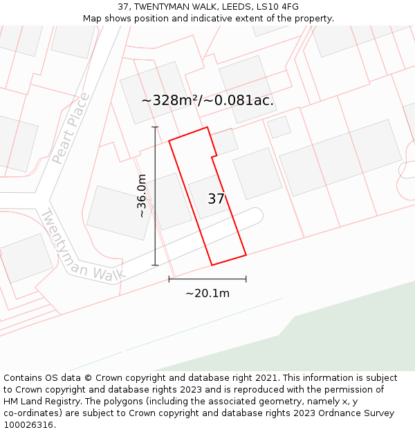 37, TWENTYMAN WALK, LEEDS, LS10 4FG: Plot and title map