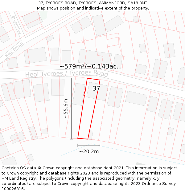 37, TYCROES ROAD, TYCROES, AMMANFORD, SA18 3NT: Plot and title map