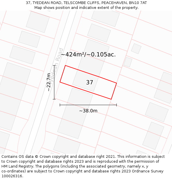 37, TYEDEAN ROAD, TELSCOMBE CLIFFS, PEACEHAVEN, BN10 7AT: Plot and title map