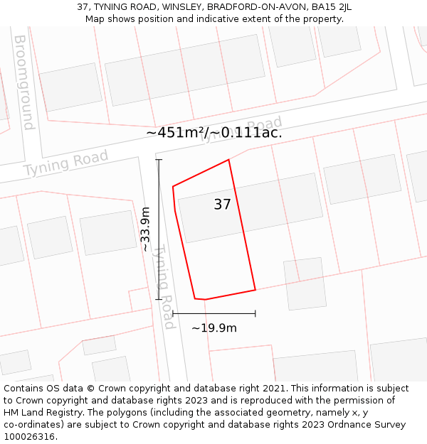 37, TYNING ROAD, WINSLEY, BRADFORD-ON-AVON, BA15 2JL: Plot and title map