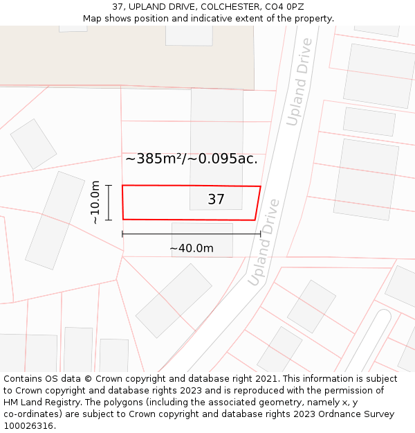 37, UPLAND DRIVE, COLCHESTER, CO4 0PZ: Plot and title map