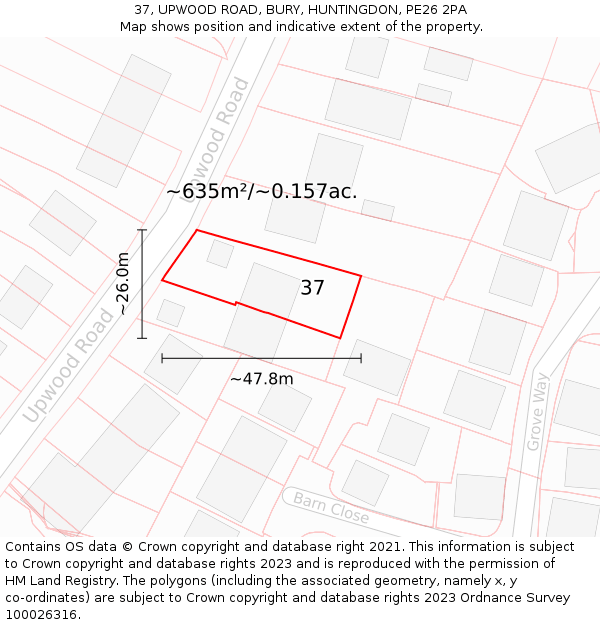 37, UPWOOD ROAD, BURY, HUNTINGDON, PE26 2PA: Plot and title map