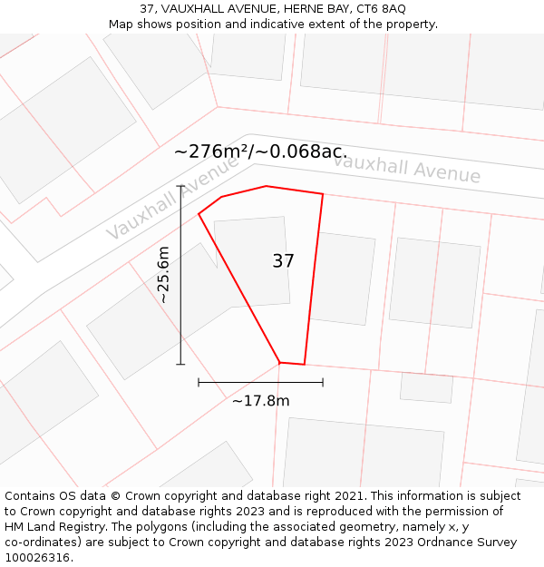 37, VAUXHALL AVENUE, HERNE BAY, CT6 8AQ: Plot and title map