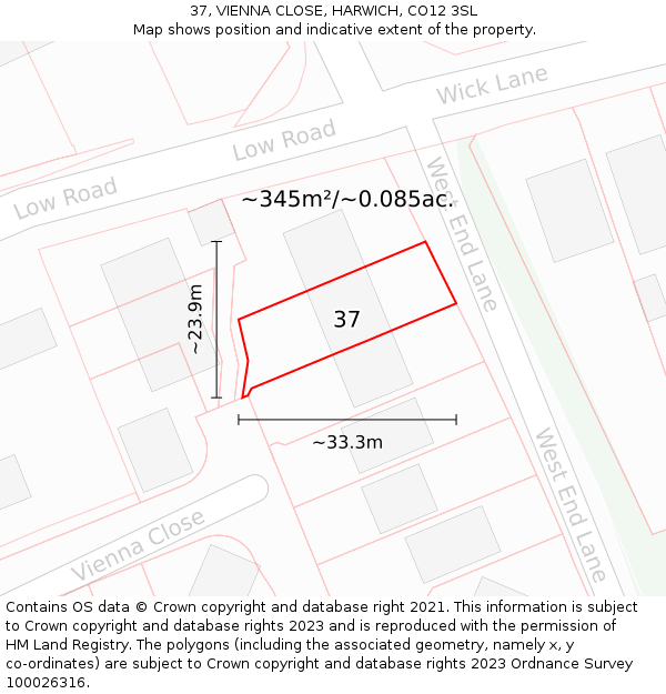 37, VIENNA CLOSE, HARWICH, CO12 3SL: Plot and title map