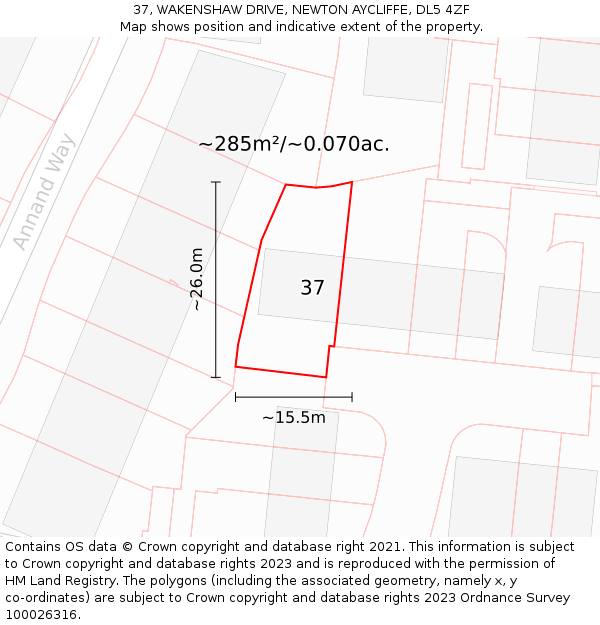 37, WAKENSHAW DRIVE, NEWTON AYCLIFFE, DL5 4ZF: Plot and title map