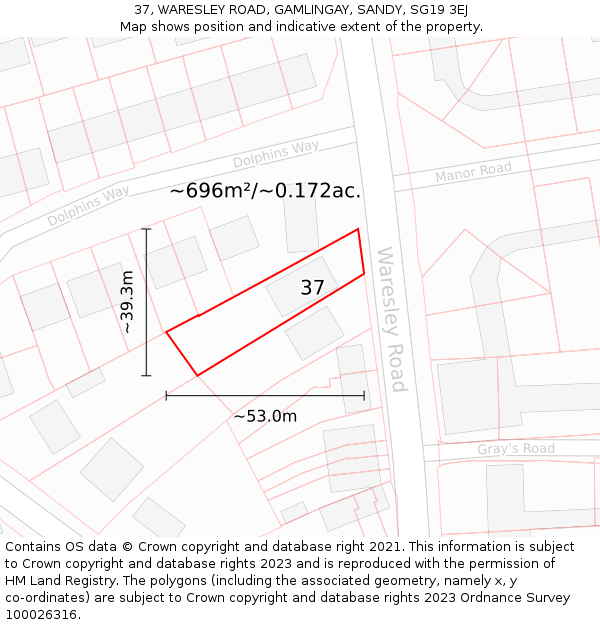 37, WARESLEY ROAD, GAMLINGAY, SANDY, SG19 3EJ: Plot and title map