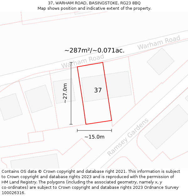 37, WARHAM ROAD, BASINGSTOKE, RG23 8BQ: Plot and title map