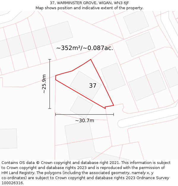 37, WARMINSTER GROVE, WIGAN, WN3 6JF: Plot and title map