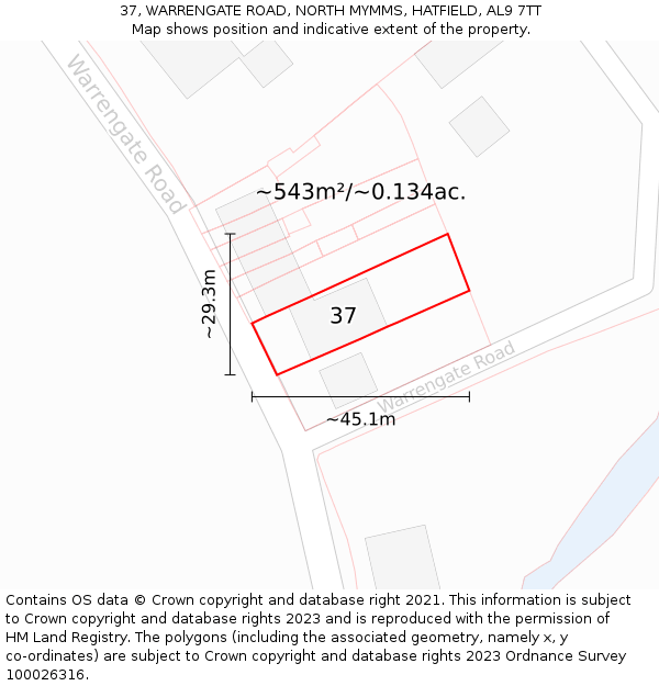 37, WARRENGATE ROAD, NORTH MYMMS, HATFIELD, AL9 7TT: Plot and title map