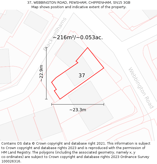 37, WEBBINGTON ROAD, PEWSHAM, CHIPPENHAM, SN15 3GB: Plot and title map