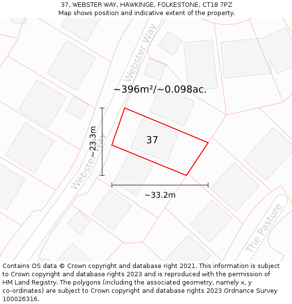 37, WEBSTER WAY, HAWKINGE, FOLKESTONE, CT18 7PZ: Plot and title map