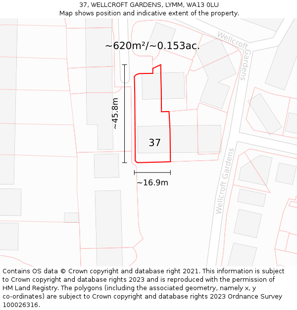 37, WELLCROFT GARDENS, LYMM, WA13 0LU: Plot and title map