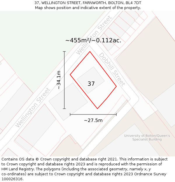 37, WELLINGTON STREET, FARNWORTH, BOLTON, BL4 7DT: Plot and title map
