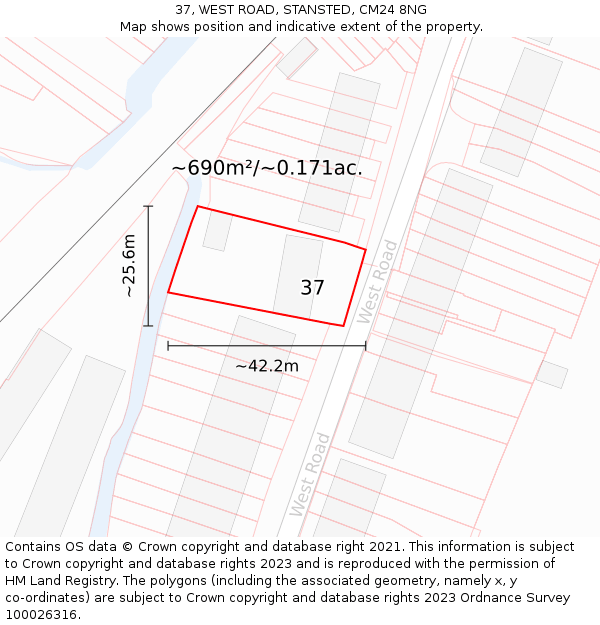 37, WEST ROAD, STANSTED, CM24 8NG: Plot and title map