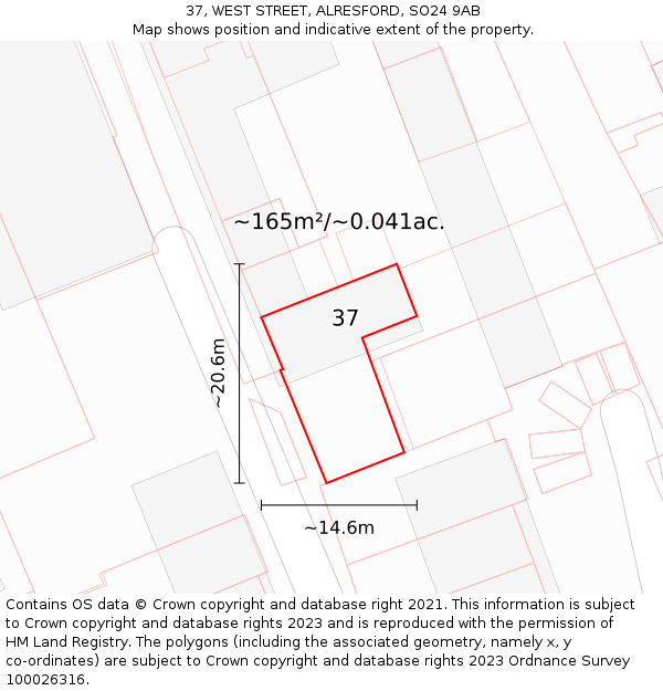 37, WEST STREET, ALRESFORD, SO24 9AB: Plot and title map