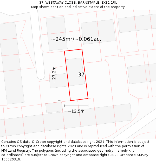 37, WESTAWAY CLOSE, BARNSTAPLE, EX31 1RU: Plot and title map